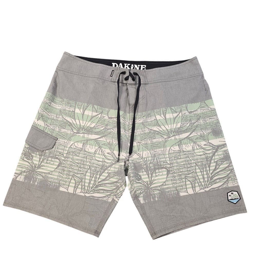 Dakine Mens 38 Board Shorts Grey Mint Green‎ Tropical Tribal Print Swim Trunks